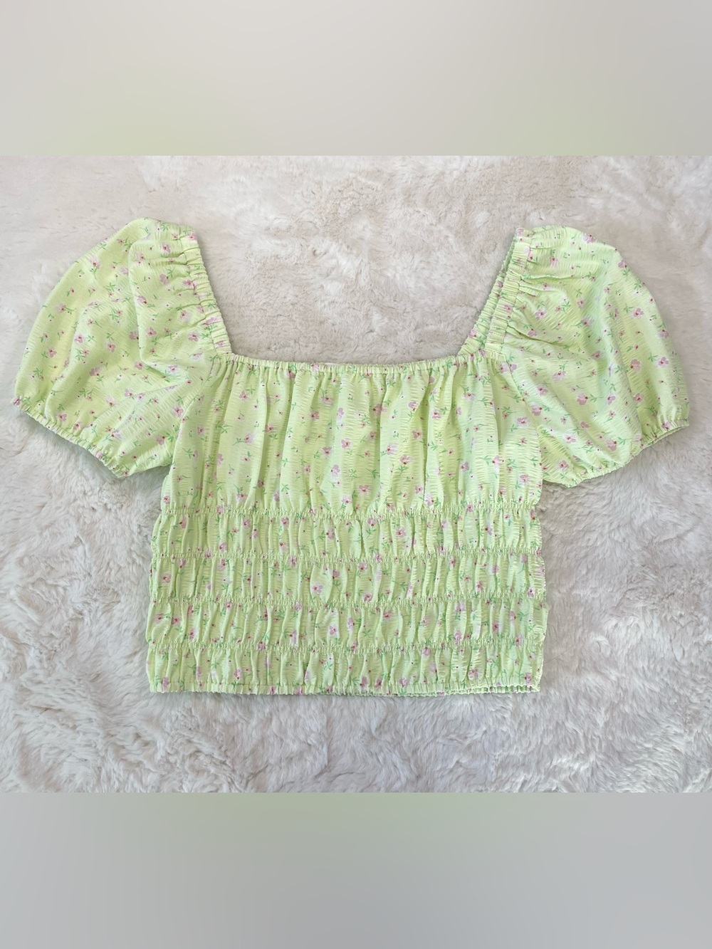 Elodie Lime Green Floral Smocked Crop Top